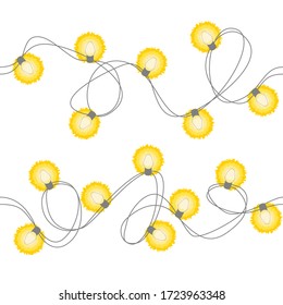 Vector Christmas lights isolated on white. Seamless border of golden shining light bulbs. Xmas, New Year, holiday design