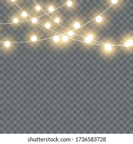 Vector Christmas lights, isolated on a transparent background. Christmas glowing garland. White translucent New Year decoration lights. Led neon lamp. Luminous lights for Christmas holidays