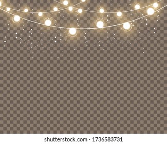 Vector Christmas lights, isolated on a transparent background. Christmas glowing garland. White translucent New Year decoration lights. Led neon lamp. Luminous lights for Christmas holidays