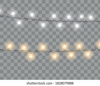 Luces vectoriales de Navidad, aisladas en un fondo transparente. Mariscos brillantes de Navidad. Luces de decoración de Año Nuevo translúcido y blanco. Lámpara de neón. Luminosas luces para las vacaciones de Navidad