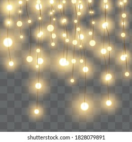 Vector Christmas lights, isolated on a transparent background. Christmas glowing garland. White translucent New Year decoration lights. Led neon lamp. Luminous lights for Christmas holidays