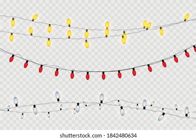 Luces vectoriales de Navidad, aisladas en un fondo transparente. Mariscos brillantes de Navidad. Luces de decoración de Año Nuevo translúcido y blanco. Lámpara de neón. Luminosas luces para las vacaciones de Navidad