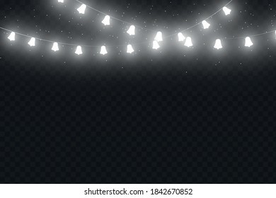 Vector Christmas lights, isolated on a transparent background. Christmas glowing garland. White translucent New Year decoration lights. Led neon lamp. Luminous lights for Christmas holidays