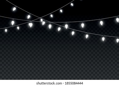 Vector Christmas lights, isolated on a transparent background. Christmas glowing garland. White translucent New Year decoration lights. Led neon lamp. Luminous lights for Christmas holidays
