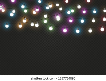 Vector Christmas lights, isolated on a transparent background. Christmas glowing garland. White translucent New Year decoration lights. Led neon lamp. Luminous lights for Christmas holidays