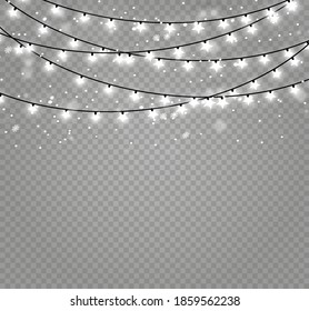 Weihnachtsleuchten einzeln auf transparentem Hintergrund. Weihnachtsglühendes Garland. Weiße, durchscheinende Neujahrsdekorationsleuchten. Leuchtenlampe. Leuchten für Weihnachtsfeiertage
