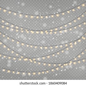 Vector Christmas lights, isolated on a transparent background. Christmas glowing garland. White translucent New Year decoration lights. Led neon lamp. Luminous lights for Christmas holidays