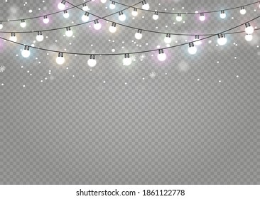Vector Christmas lights, isolated on a transparent background. Christmas glowing garland. White translucent New Year decoration lights. Led neon lamp. Luminous lights for Christmas holidays