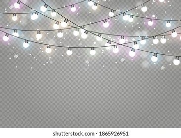 Vector Christmas lights, isolated on a transparent background. Christmas glowing garland. White translucent New Year decoration lights. Led neon lamp. Luminous lights for Christmas holidays