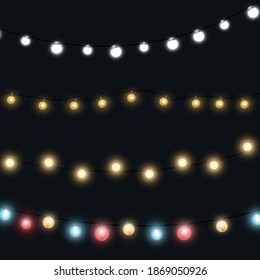 Vector Christmas lights, isolated on a transparent background. Christmas glowing garland. White translucent New Year decoration lights. Led neon lamp. Luminous lights for Christmas holidays
