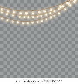 Vector Christmas lights, isolated on a transparent background. Christmas glowing garland. White translucent New Year decoration lights. Led neon lamp. Luminous lights for Christmas holidays