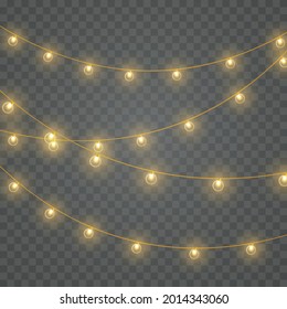 Vector Christmas lights, isolated on a transparent background. Christmas glowing garland. White translucent New Year decoration lights. Led neon lamp. Luminous lights for Christmas holidays