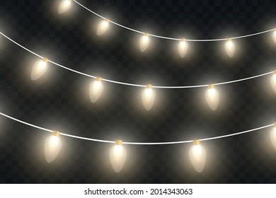 Vector Christmas lights, isolated on a transparent background. Christmas glowing garland. White translucent New Year decoration lights. Led neon lamp. Luminous lights for Christmas holidays