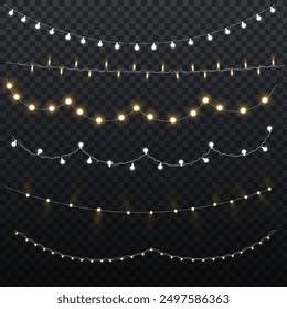 Vector Christmas lights, isolated on a transparent background. Christmas glowing garland. White translucent New Year decoration lights. Led neon lamp. Luminous lights for Christmas holidays