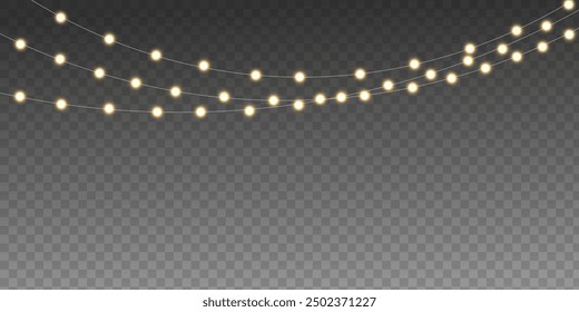 Vector Christmas lights, isolated on a transparent background. Christmas glowing garland. White translucent New Year decoration lights. Led neon lamp. Luminous lights for Christmas holidays