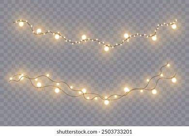 Vector Christmas lights, isolated on a transparent background. Christmas glowing garland. White translucent New Year decoration lights. Led neon lamp. Luminous lights for Christmas holidays