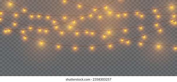 Vector Christmas Lights Magic: Realistic Isolated Design Elements for Festive Greeting Cards, Banners, Posters, and Web Design. Garland Decorations with LED Neon Lamps.