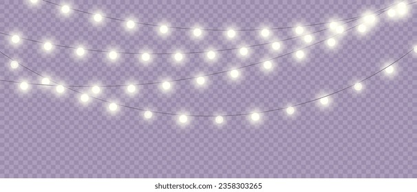 Vector Christmas Lights Magic: Realistic Isolated Design Elements for Festive Greeting Cards, Banners, Posters, and Web Design. Garland Decorations with LED Neon Lamps.