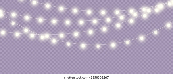 Vector Christmas Lights Magic: Elementos de diseño aislados realistas para tarjetas de felicitación festivas, carteles, afiches y diseño web. Decoraciones de Garland con luces de neón LED.