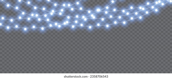 Vector Christmas Lights Magic: Realistic Isolated Design Elements for Festive Greeting Cards, Banners, Posters, and Web Design. Garland Decorations with LED Neon Lamps.