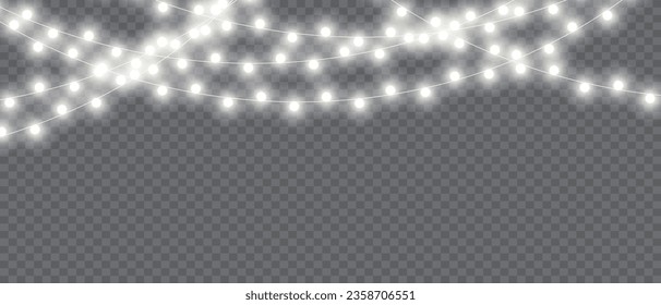 Vector Christmas Lights Magic: Realistic Isolated Design Elements for Festive Greeting Cards, Banners, Posters, and Web Design. Garland Decorations with LED Neon Lamps.