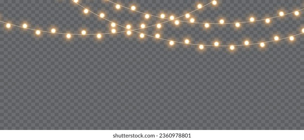 Vector Christmas Lights Magic: Realistic Isolated Design Elements for Festive Greeting Cards, Banners, Posters, and Web Design. Garland Decorations with LED Neon Lamps.