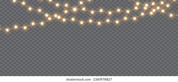 Vector Christmas Lights Magic: Realistic Isolated Design Elements for Festive Greeting Cards, Banners, Posters, and Web Design. Garland Decorations with LED Neon Lamps.