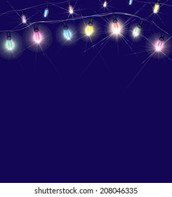 Vector Christmas lights on blue background.