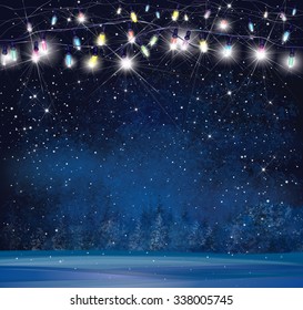 Vector Christmas lights on  night wonderland background.