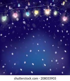 Vector Christmas lights on snowfall background.