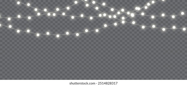 Vetor luzes de Natal em um fundo transparente. Natal luz PNG. Conjunto de glândulas de brilho de Natal. Para convites publicitários, banners da web, cartões postais. Vetor. Decoração de Natal, LED lam