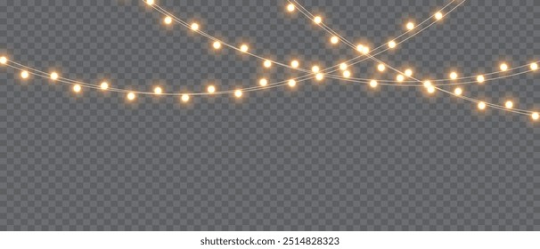 Vektorweihnachtsbeleuchtung auf transparentem Hintergrund. Weihnachtslicht PNG. Set von Weihnachtsglühenden Girlanden. Für Werbeeinladungen, Webbanner, Postkarten. Vektor. Weihnachtsdekoration, LED-Lampe