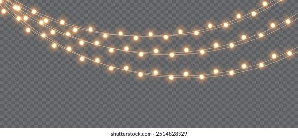 Vektorweihnachtsbeleuchtung auf transparentem Hintergrund. Weihnachtslicht PNG. Set von Weihnachtsglühenden Girlanden. Für Werbeeinladungen, Webbanner, Postkarten. Vektor. Weihnachtsdekoration, LED-Lampe