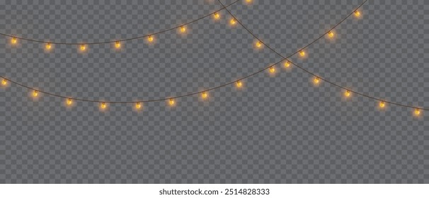 Vector Christmas lights on a transparent background. Christmas light PNG.  Set of Christmas glowing garlands. For advertising invitations, web banners, postcards. Vector. Christmas decoration, LED lam