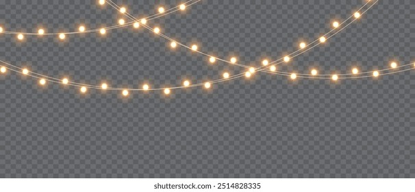 Vektorweihnachtsbeleuchtung auf transparentem Hintergrund. Weihnachtslicht PNG. Set von Weihnachtsglühenden Girlanden. Für Werbeeinladungen, Webbanner, Postkarten. Vektor. Weihnachtsdekoration, LED-Lampe