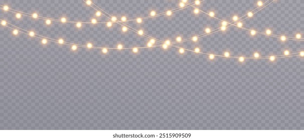 Navidades de Vector se iluminan sobre un fondo transparente. Navidades luz PNG. Conjunto de guirnaldas brillantes de Navidades. Para invitaciones publicitarias, Anuncios de Web, postales. Vector. Decoración de la Navidad, lámpara del led