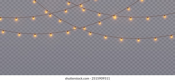 Navidades de Vector se iluminan sobre un fondo transparente. Navidades luz PNG. Conjunto de guirnaldas brillantes de Navidades. Para invitaciones publicitarias, Anuncios de Web, postales. Vector. Decoración de la Navidad, lámpara del led
