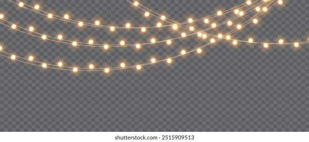 Vector Christmas lights on a transparent background. Christmas light PNG.  Set of Christmas glowing garlands. For advertising invitations, web banners, postcards. Vector. Christmas decoration, LED lam