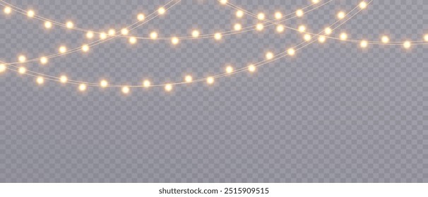 Vector Christmas lights on a transparent background. Christmas light PNG.  Set of Christmas glowing garlands. For advertising invitations, web banners, postcards. Vector. Christmas decoration, LED lam