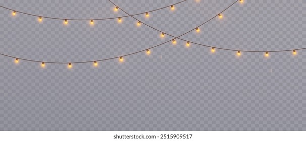 Navidades de Vector se iluminan sobre un fondo transparente. Navidades luz PNG. Conjunto de guirnaldas brillantes de Navidades. Para invitaciones publicitarias, Anuncios de Web, postales. Vector. Decoración de la Navidad, lámpara del led