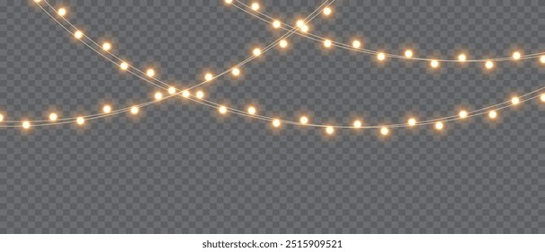 Vector Christmas lights on a transparent background. Christmas light PNG.  Set of Christmas glowing garlands. For advertising invitations, web banners, postcards. Vector. Christmas decoration, LED lam