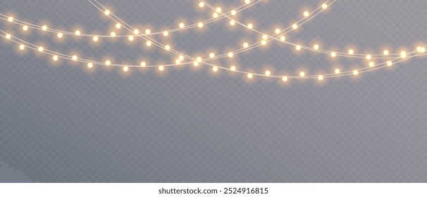 Vektorweihnachtsbeleuchtung auf transparentem Hintergrund. Weihnachtslicht PNG. Set von Weihnachtsglühenden Girlanden. Für Werbeeinladungen, Webbanner, Postkarten. Vektor. Weihnachtsdekoration, LED-Lampe