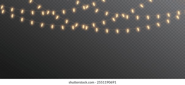 Vector Christmas lights on transparent background. Christmas light PNG. Set of Christmas glowing garlands. For advertising invitations, web banners, postcards. Vector. Christmas decoration, LED lam	