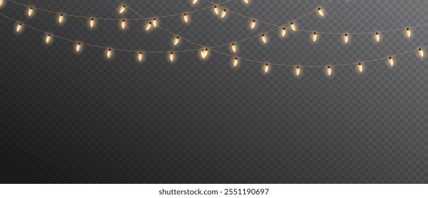 Vetor luzes de Natal no fundo transparente. Luz de Natal PNG. Conjunto de glândulas brilhantes de Natal. Para convites publicitários, banners da web, cartões postais. Vetor. Decoração de Natal, LED lam	