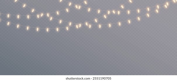 Vector Christmas lights on transparent background. Christmas light PNG. Set of Christmas glowing garlands. For advertising invitations, web banners, postcards. Vector. Christmas decoration, LED lam	