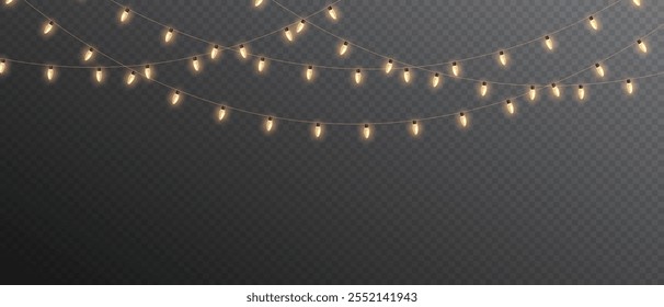 Vector Navidades luces sobre fondo transparente. Navidades de luz PNG. Conjunto de guirnaldas brillantes de Navidades. Para invitaciones publicitarias, Anuncios de Web, postales. Vector. Decoración de la Navidad, lámpara del led	