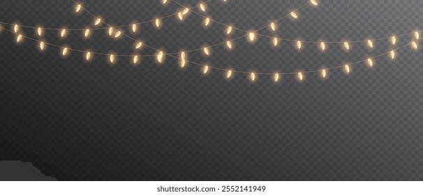 Vector Navidades luces sobre fondo transparente. Navidades de luz PNG. Conjunto de guirnaldas brillantes de Navidades. Para invitaciones publicitarias, Anuncios de Web, postales. Vector. Decoración de la Navidad, lámpara del led	