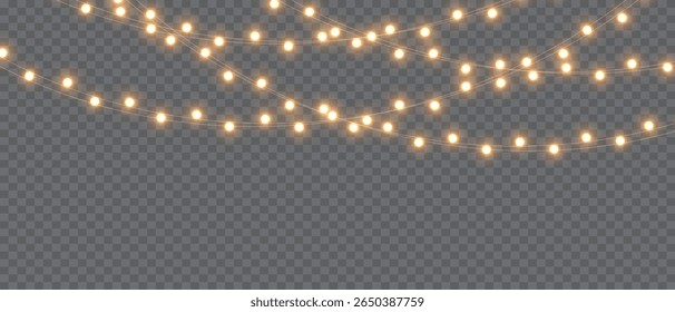 Navidades de Vector se iluminan sobre un fondo transparente. Navidades luz PNG. Conjunto de guirnaldas brillantes de Navidades. Para invitaciones publicitarias, Anuncios de Web, postales. Vector. Decoración de la Navidad, lámpara del led