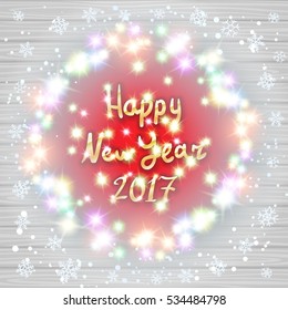 Vector Christmas lights on wood texture background happy new year 2017 art