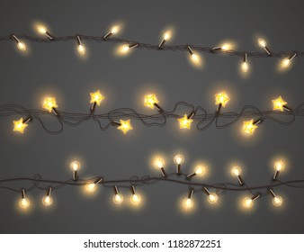 Vector christmas lights, realistic glowing garland. New year, xmas holiday festive decoration, star shape yellow bulbs on string. Illuminated shiny background.